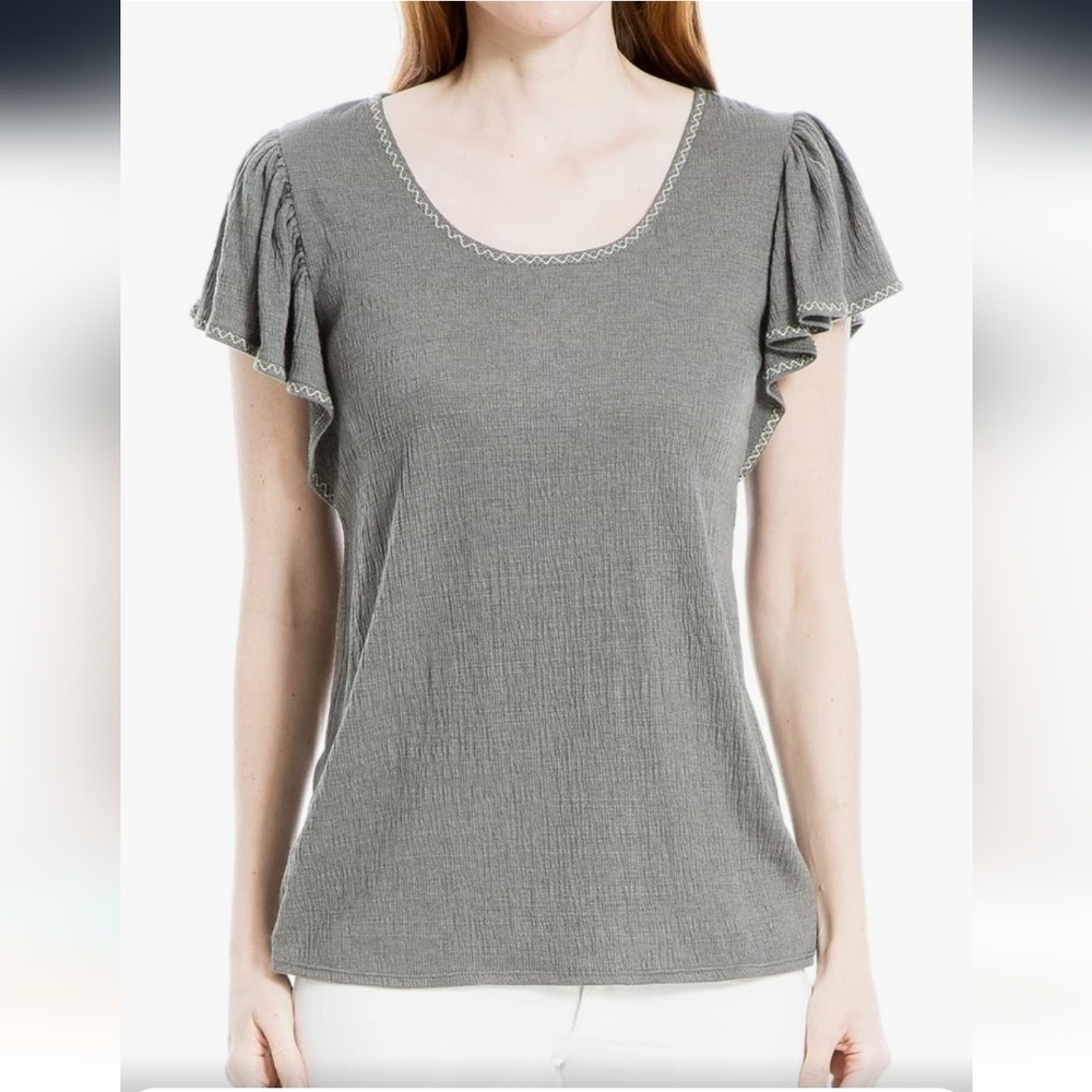 Max Studio Women Flutter sleeve Crinkle jersey Crew top sz L